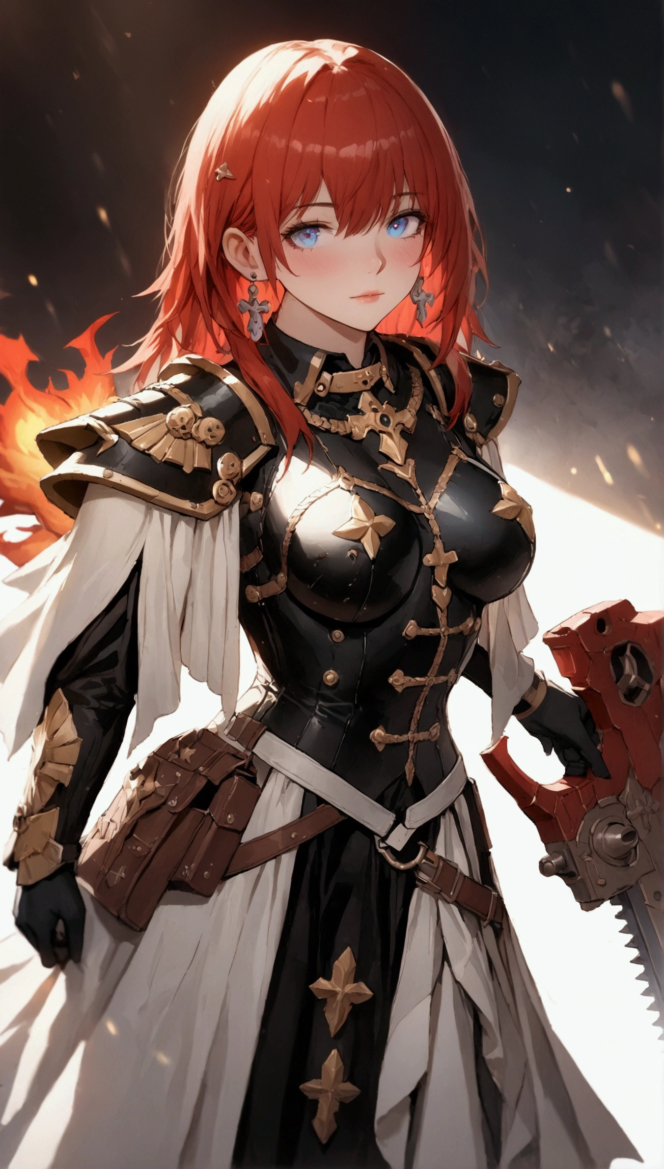 (Masterpiece. The best quality. 8K. Sharp focus. Depth of field, The best shadows. Perfect lighting. HDR. Realistic skin texture. Ultra-detailed background. Details). Anime style. Honkai: Star Rail. 1 girl. March 7. Warhammer 40000. Adeptus Sororitus. Sister of Battle. Fiery red hair. Short hair. Ultra-detailed hair. Earrings with rubies in the ears. Azure blue eyes. Beautiful eyes. Beautiful eyes. Expressive eyes. Ultra-detailed eyes. Perfect face. Beautiful face. Beautiful nose. Thin lips. Ultra-detailed face. Perfect anatomical body. Slender body. Thin waist. B-size breasts. Beautiful arms. Rounded hips. Beautiful long legs. Ultra-detailed body.  Warhammer 40,000 Sisters of Battle armor. Ultra-detailed armor. Chainsword. Holds chainsword in front of her. No background. White background. No wallpaper. White wallpaper. Stands full-length. Stands full-length. Full body.