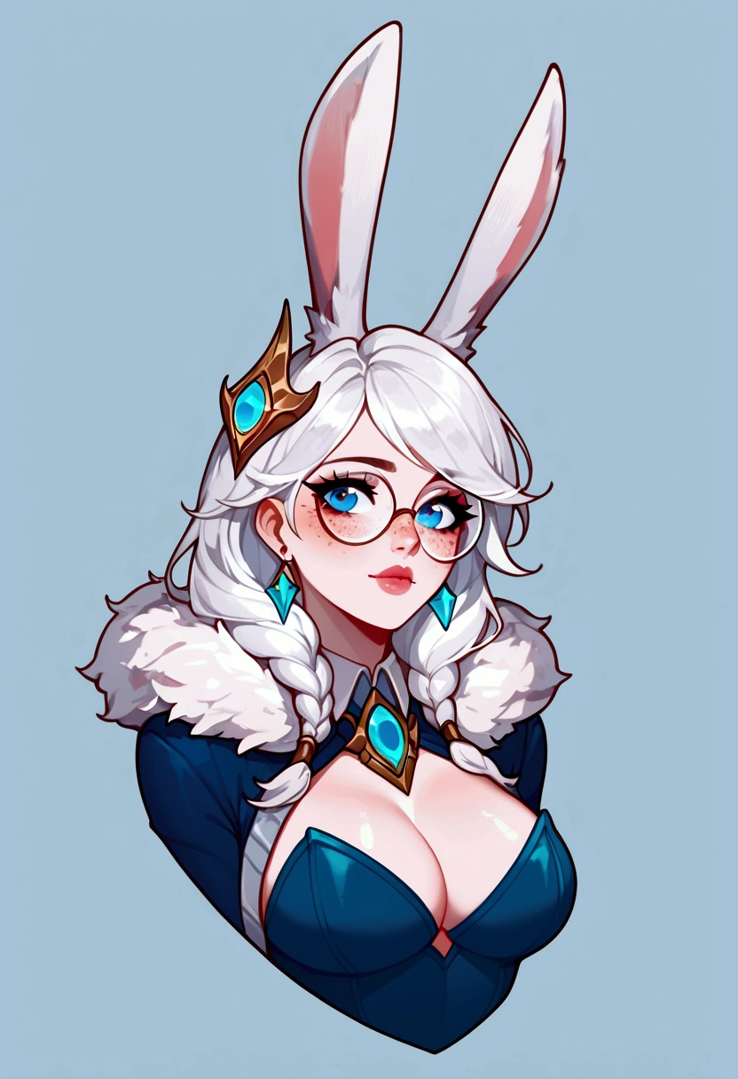 score_9, score_8_up, score_7_up, Aurora (League of Legends), 1 girl, blue eyes, white hair, sexy, round glasses, freckles, bunny ears, full body, Soraka (League of legends) cosplay, squinted eyes, earrings, long eyelashes, sexy, big bust, beautiful face,