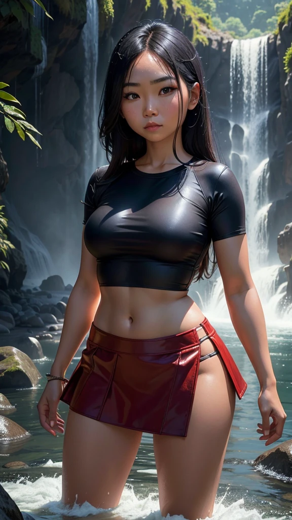 ((Freda Pinto steht unter einem Wasserfall)), ((schlanke junge Frau)), (kleiner Kopf), ((natural skin texture)), ((white shorts)), ((bauchfreies Hemd mit Knoten)), ((round breasts)), (fotorealistisch), (Raytracing), (scharfer Fokus), ((es ist dunkel)), ((long black hair)), ((cameltoe)), (Brustwarzen), ((sehr nasse Kleidung und Haare))