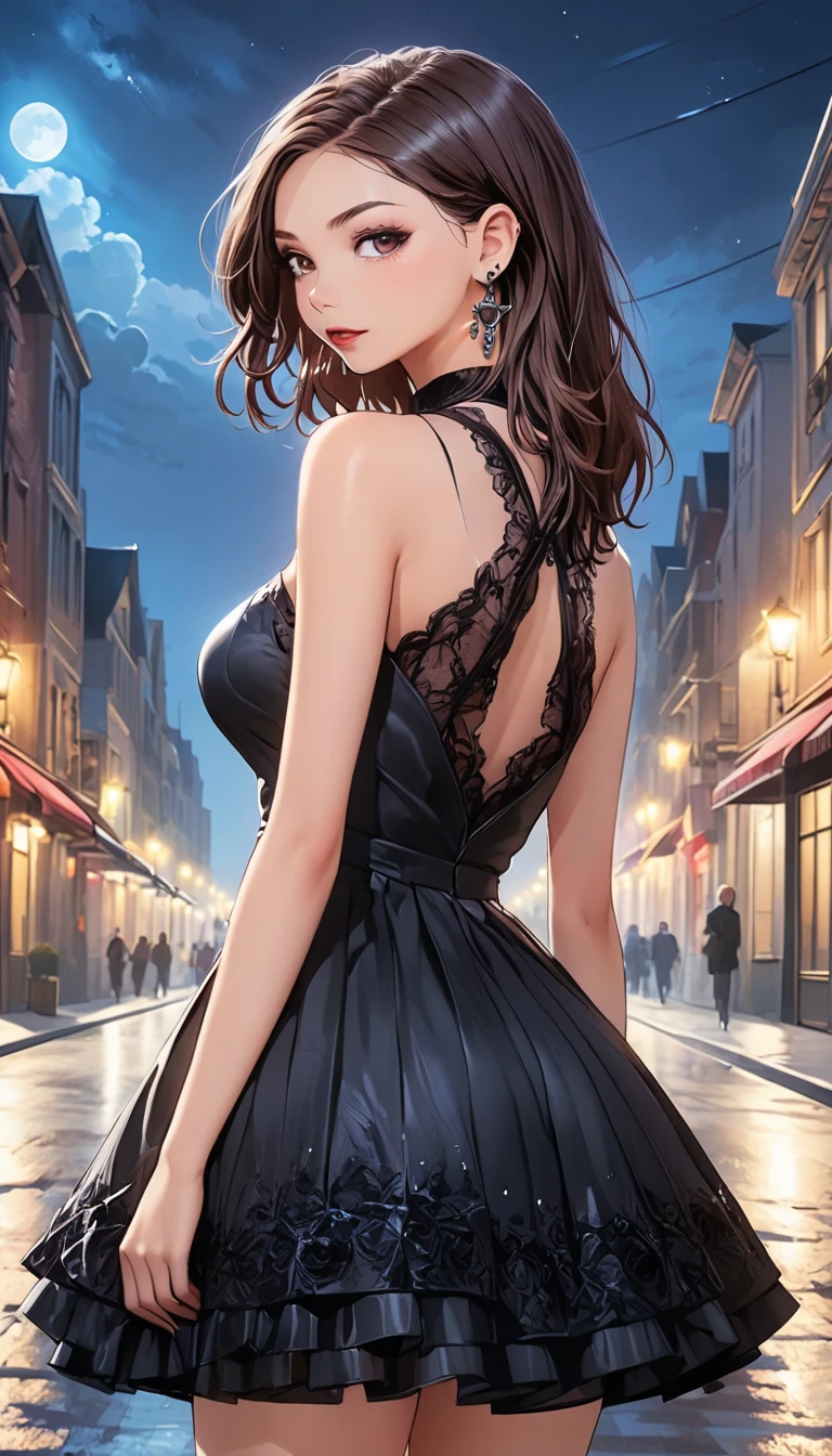 ((Modern Gothic:1.3)), ((masterpiece:1.1)), (Extremely detailed and beautiful backgrounds), 1 Girl,Dress to rock，Earrings，black，Night lights
