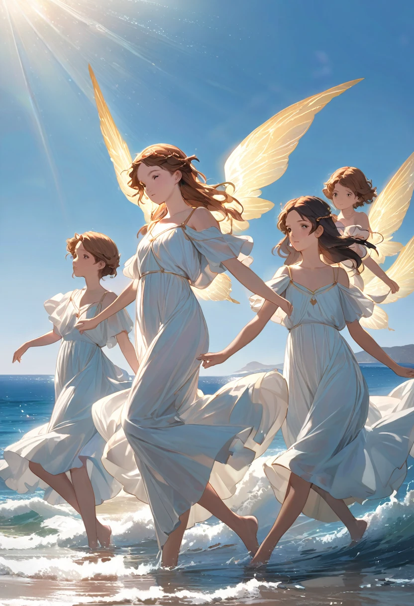 /In the style of William Bouguereau, the scene unfolds with masterful realism and ethereal beauty. Set against the shimmering backdrop of the Aegean Sea, where the sky meets the water in soft hues of blue and gold, a group of young, cherubic angels hovers above the gentle waves. Their delicate, glowing wings flutter in the warm breeze, their faces filled with innocent curiosity and wonder. Draped in flowing, pastel robes that catch the light, the angels radiate purity, their youthful features framed by golden curls that seem to blend with the sky’s soft light. Each figure is painted with meticulous attention to detail, their soft skin luminous against the rich colors of the sea and sky.

In stark contrast to their heavenly grace, emerging from the sea’s calm surface, is the towering figure of a mythological Cyclops. His massive, muscular body rises out of the water, wet and glistening under the sunlight, his single, large eye fixed on the delicate beings before him. The Cyclops, though monstrous in size and form, is not painted as menacing but rather as an awe-inspiring force of nature. His rough, weathered skin is marked by scars and age, his wild hair and beard dripping with seawater, creating a striking juxtaposition against the soft, almost divine beauty of the angels.

The angels approach him with cautious fascination, their tiny hands reaching out as if in a moment of divine connection. The sea around them is calm, with gentle ripples reflecting the golden light, adding a dreamlike quality to the encounter. The Cyclops, though fearsome, seems equally intrigued by these celestial visitors, his massive frame looming above them but with no trace of hostility, only a quiet awe. The scene is rich in contrast—beauty and beast, innocence and raw power—captured with the softness, grace, and technical precision that Bouguereau’s art is renowned for, creating a serene yet profoundly mythical moment.