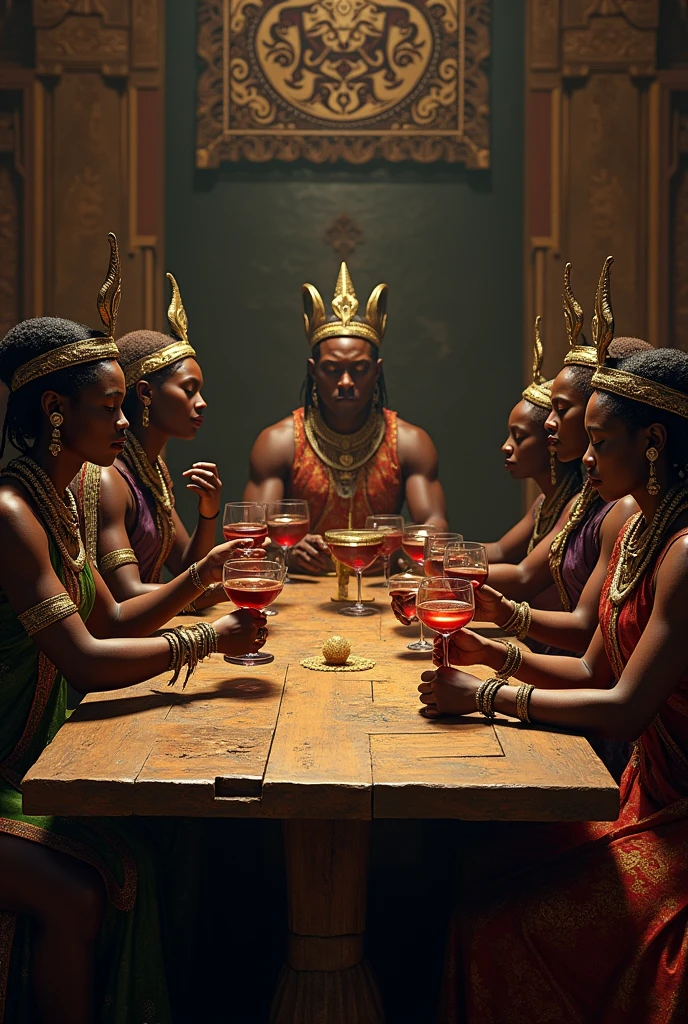 ((high detail, 8k resolution, cinematic composition)) in a fantasy-style scene, two groups of nude people are interacting. On the left, a fair-skinned man holds a bowl of soup. In front of him stands a young girl with light skin and red-brown hair. On the right, a dark-skinned man with long, braided hair, extending his hand in greeting. Beside him stands a dark-skinned woman with long braids, her arms crossed as she looks on, medieval scene, fair-skinned man holding a bowl of soup, young light-skinned girl, dark-skinned man with braided hair extending hand in greeting, dark-skinned woman with long braids, arms crossed, warm lighting, detailed characters, ethnic diversity, high detail, 8k resolution, cinematic composition