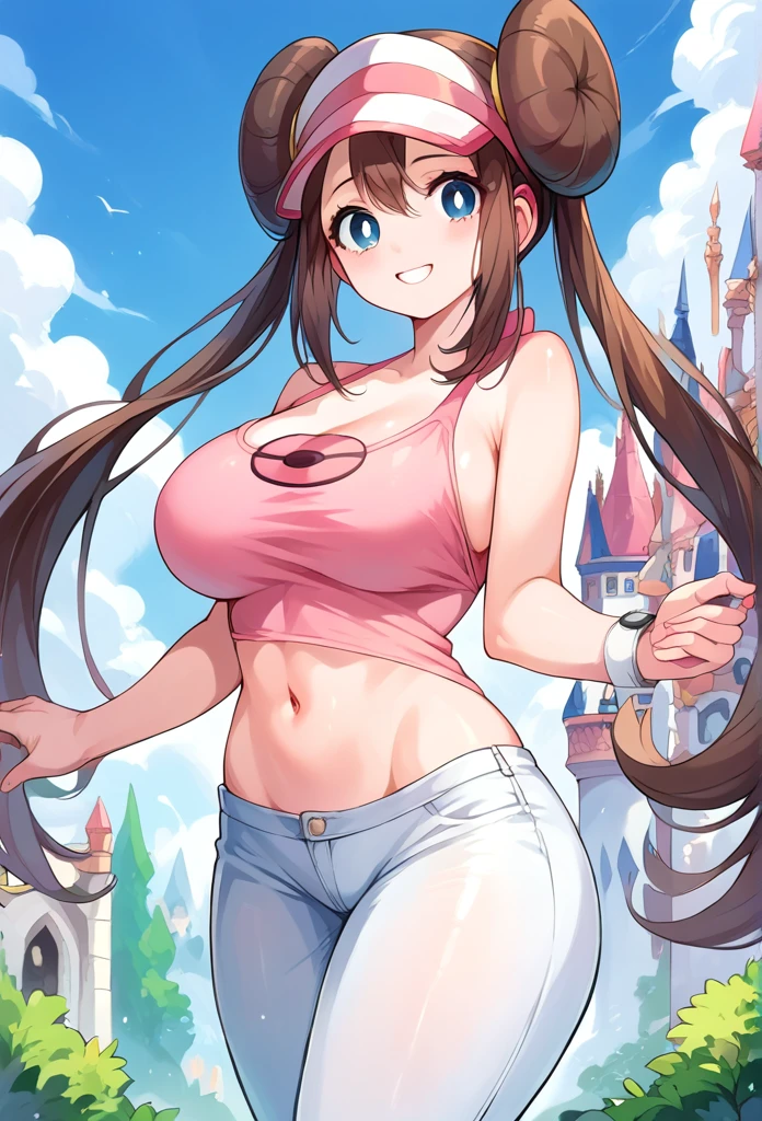 (top quality),(ultra detail),(sharp picture),break,(girl),teenager,(huge ass),looking at viewer, bangs, (large breasts:1.3) ,break, navel ,open eyes,smile,pokemon, rosa,sexy dress,castle,pants