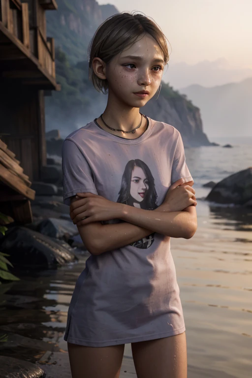 A stunning, intricate full color portrait, 12 year_old girl, epic character composition, alessio albi, nina masic, sharp focus, natural lighting, subsurface dispersion, f2, 35mm, portrait, hard shadows, portrait, photography, detailed skin, realistic, photo-realistic, 8k, highly detailed, full length frame, High detail RAW color art, diffused soft lighting, shallow depth of field, sharp focus, hyperrealism, cinematic lighting, perfect face, perfect looks, thin arms, young, 1girl, solo, lean body, flat chest, (no panties, pussy, nsfw), thin thighs, small waist, cold, outside, rain, shirt dress, self hug, young, baby face, show accurate, tight clothes, sad, smile, cute, cry, sad, depressed, tears, frown, crying, torn shirt, transculent, see-through, wet shirt, wet white shirt,