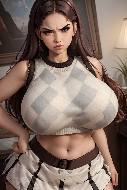 (best quality), (masterpiece), 1 girl, early 20's, huge heavy breasts, busty, perky breasts, thick, thick lips, wide hips, thin waist, angry face, angry expression, pleated skirt, argyle crop top