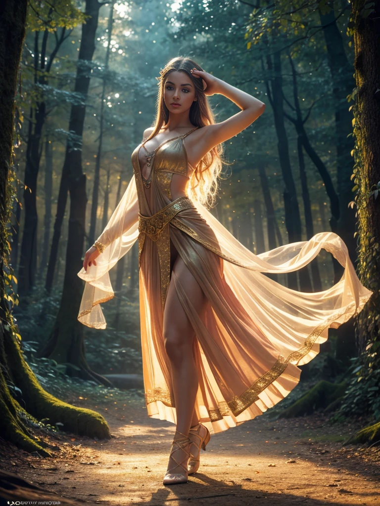 a beautiful exotic high elven dancer, sensual, erotic, sublime, 1girl, long flowing hair, elegant ethereal dress, graceful ballet pose, glowing magical aura, fantasy forest background, (best quality,4k,8k,highres,masterpiece:1.2),ultra-detailed,(realistic,photorealistic,photo-realistic:1.37),intricate details,soft lighting,vivid colors,warm color palette,cinematic composition