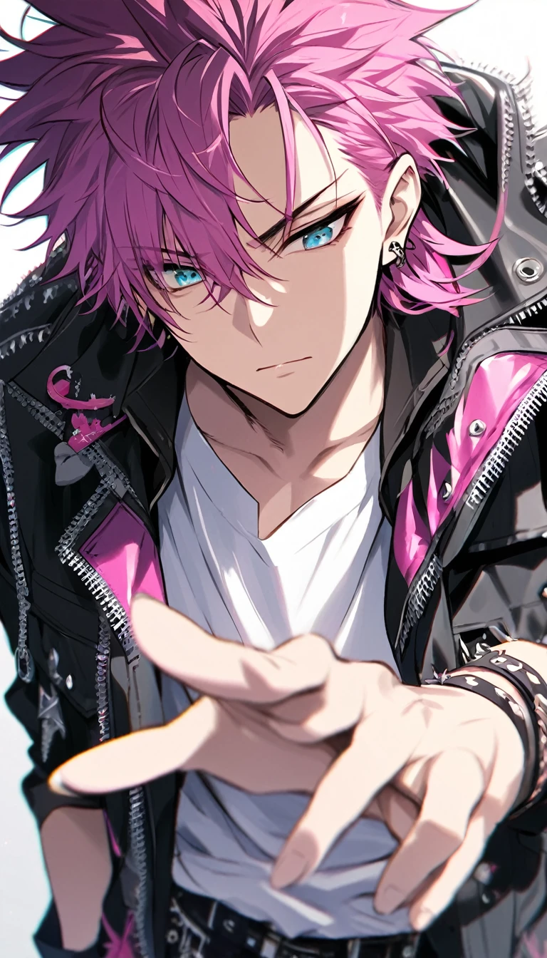 1boy,Single person,Young men,l vampire,fang,plaid,Purple lattice,Y2K,Emo style,non-mainstream,Mines are boys,Harajuku style,Exaggerated dressing,Intricate ornaments,Rock style,Gothic style,rivet,ear ring,two color hair,Pink and blue hair,Half-cut gloves,Metal jewelry,Blood,Maniacal laughter,Underground idols,Male PR