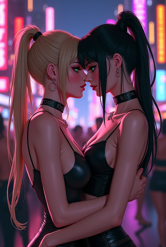 low view, medium shot, blonde petite woman kissing black haired woman, skimpy women, cyberpunk lounge, colorful LED lighting, smiling, collar, stockings, cinematic lighting, highly detailed