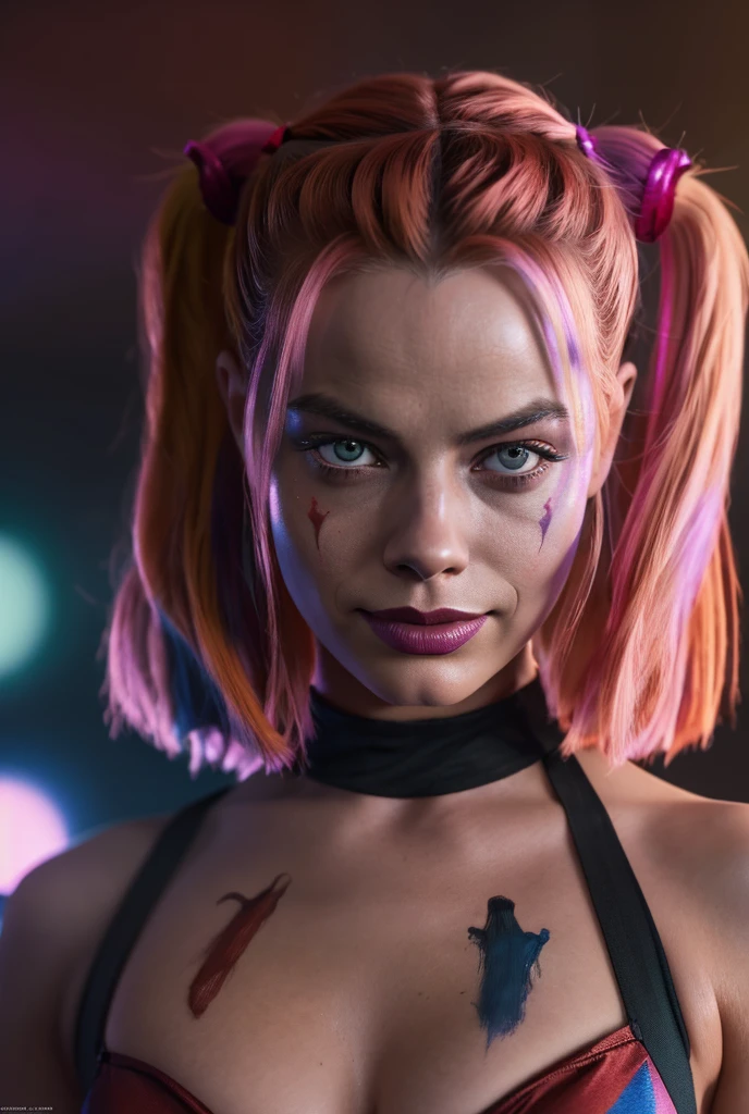 Portrait of Margot Robbie as a clown at a crowded party, Wearing a closed black and red clown suit, harley quinn style, His face is illuminated by neon lights., looks like harley quinn, violet color, He stands up, model photography style (Extremely detailed CG Unity 8k wallpaper), Full frame photography of the most beautiful work of art in the world., professional, Trends in Artstation, trends in cgsociety, intricate, very detailed, Clear focus, dramatic, Photorealistic painting by Midjourney and Greg Rutkowski