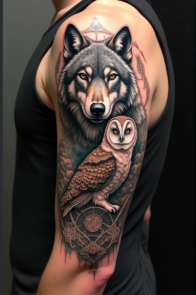 Create a tattoo for your left arm where you have 3 wolf cubs and an adult on a mountain