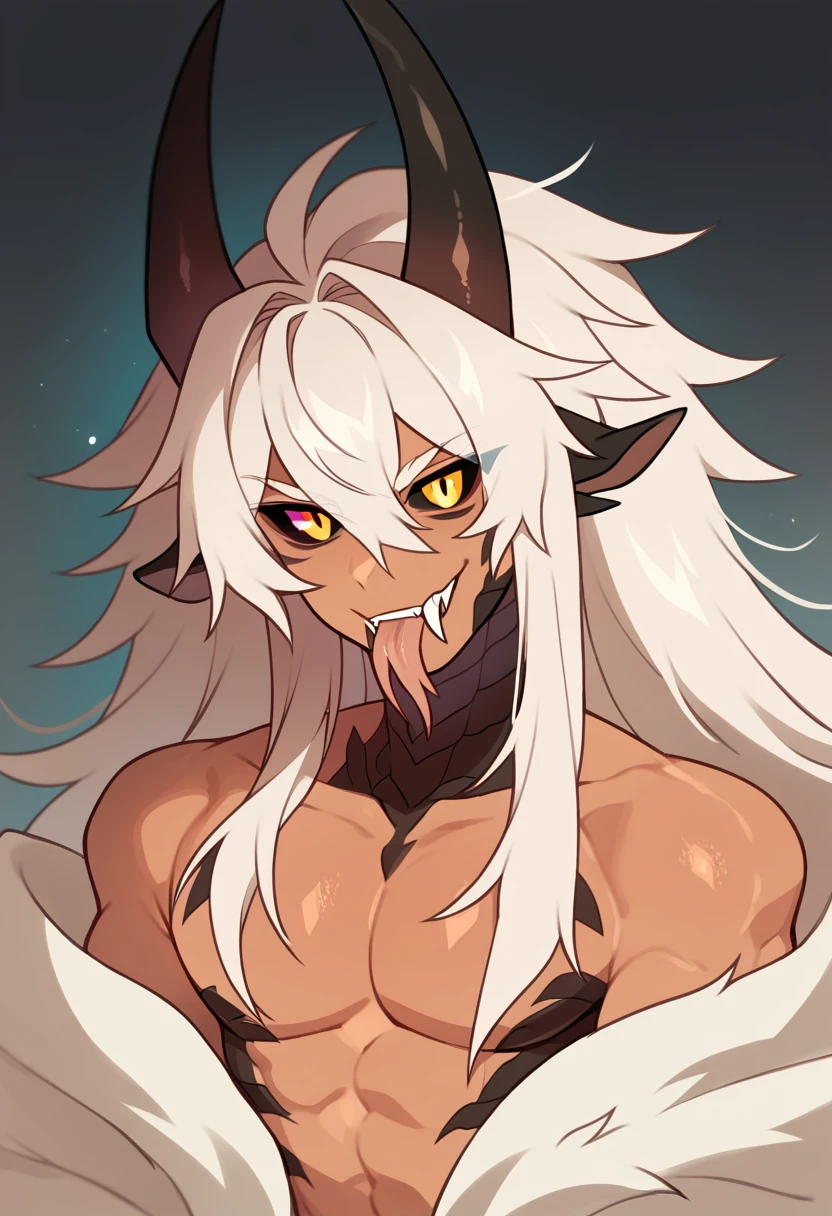 tanned dragon boy with white fluffy messy hair, long hair, dragon horns, black scales, dragon tail, gradient skin,  tanned to black gradient,  iridescent eyes, abyssal power, gradient skin, tanned to black gradient. Black sclera, heterochromia , muscular , fangs, forked tongue, comabt pose, growl