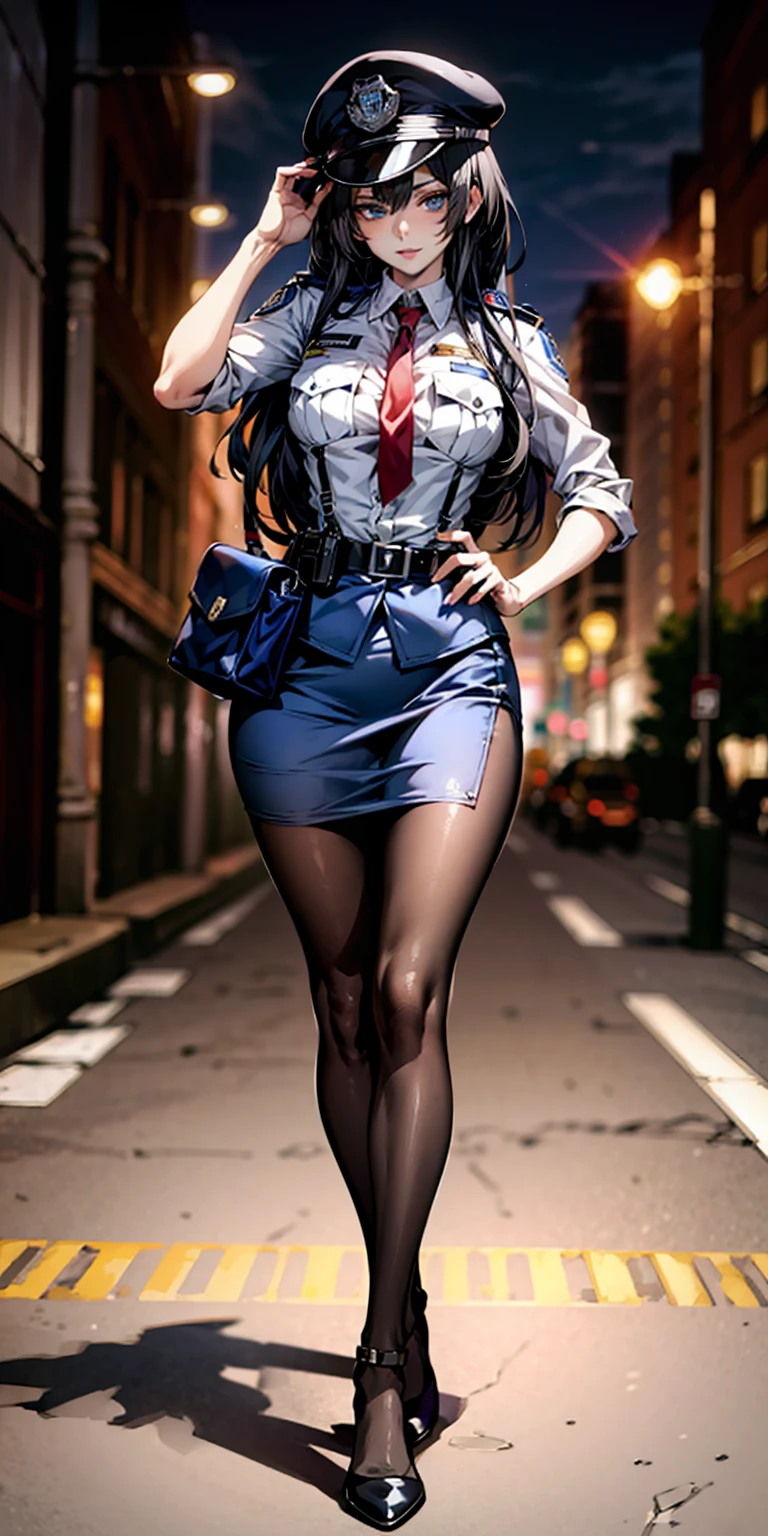 Ridiculous resolution, high resolution, (masterpiece:1.4), Extremely detailed, 1 Girl,blue eyes, Black long hair，Please wear police uniform and short skirt, White handbags、Pantyhose、City Streets,Sexy pose, The camera is close to your body