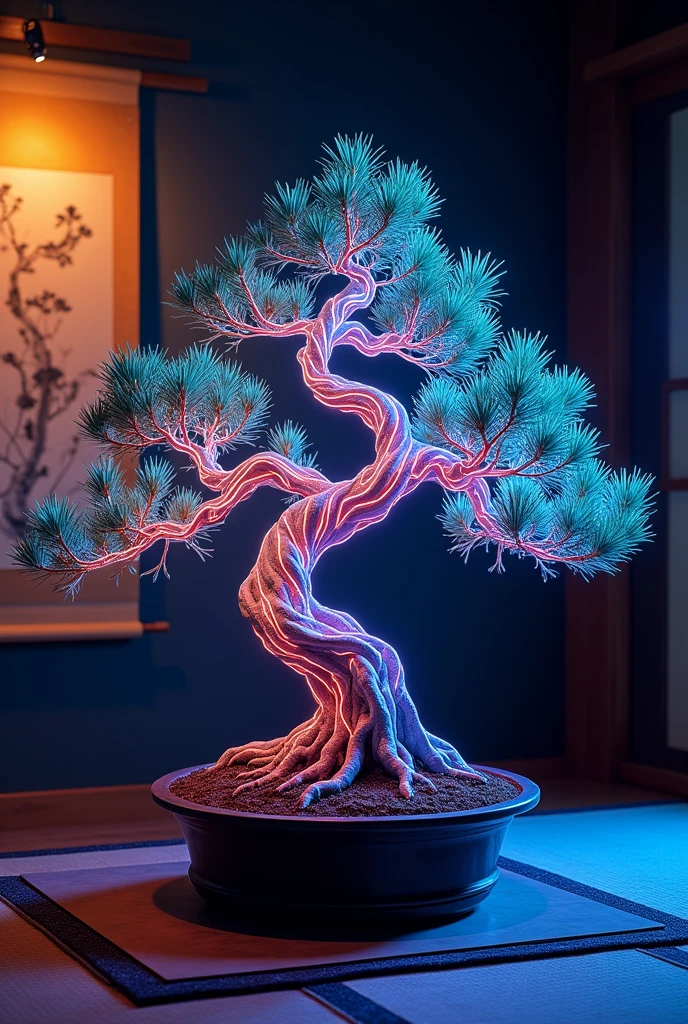 a detailed neon-lit japanese bonsai tree, made of fiber optic cables, intricate planter, delicate glowing branches, twisted gnarled trunk, displayed in a dark traditional japanese room, hanging japanese scroll painting on the wall