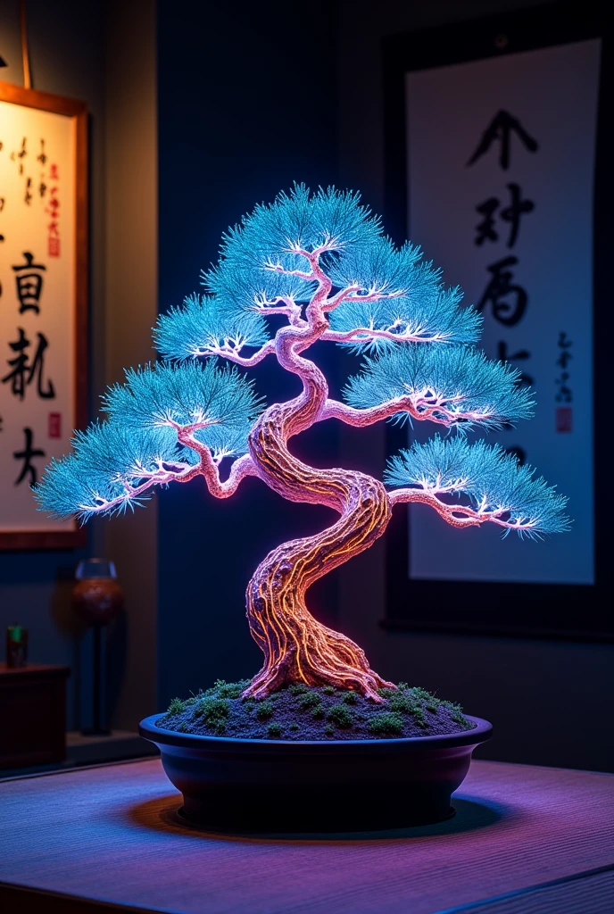 a detailed neon-lit japanese bonsai tree, made of fiber optic cables, intricate planter, delicate glowing branches, twisted gnarled trunk, displayed in a dark traditional japanese room, hanging japanese scroll painting on the wall