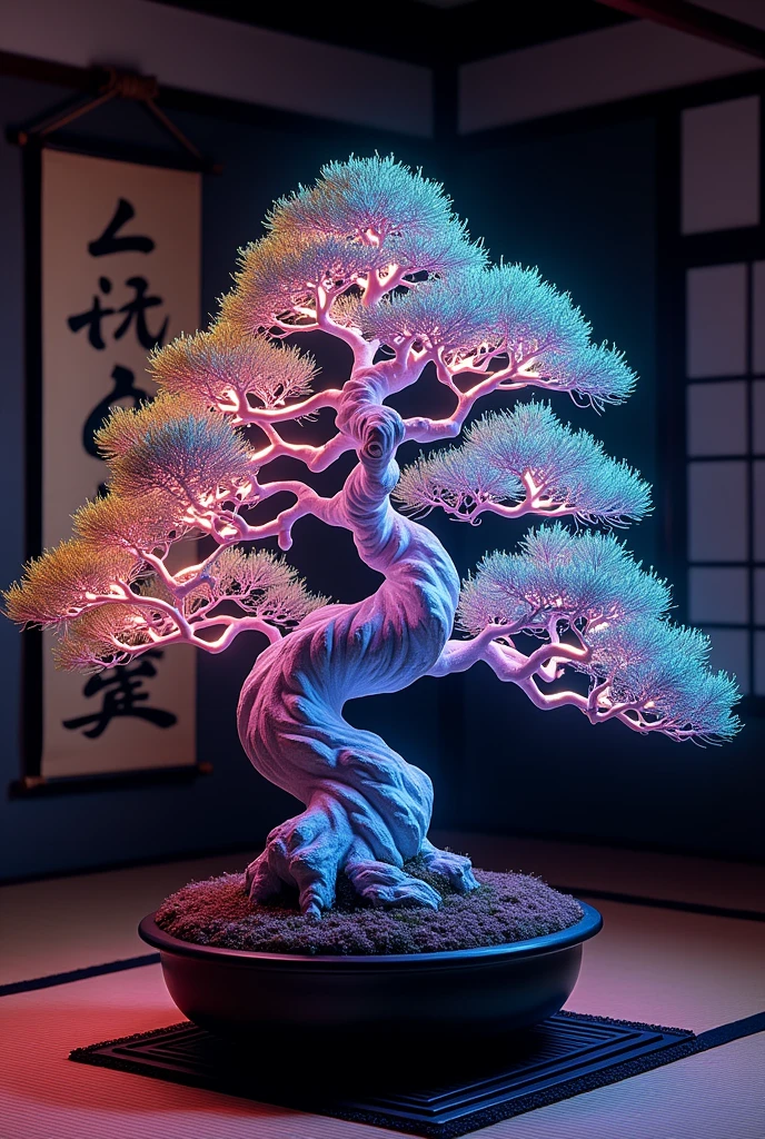 a detailed neon-lit japanese bonsai tree, made of fiber optic cables, intricate planter, delicate glowing branches, twisted gnarled trunk, displayed in a dark traditional japanese room, hanging japanese scroll painting on the wall