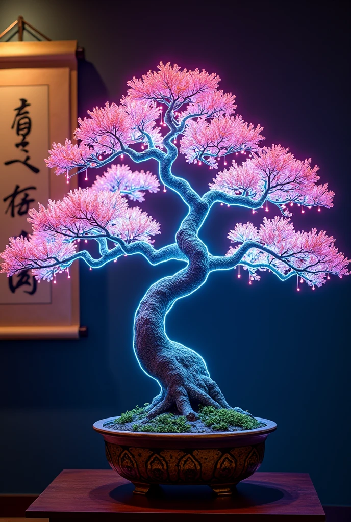 a detailed neon-lit japanese bonsai tree, made of fiber optic cables, intricate planter, delicate glowing branches, twisted gnarled trunk, displayed in a dark traditional japanese room, hanging japanese scroll painting on the wall