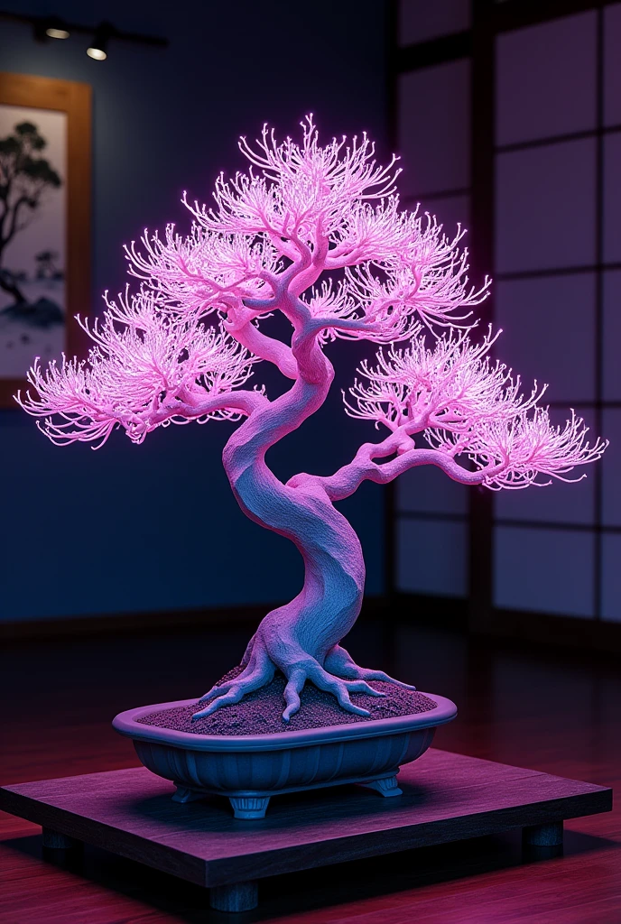 a detailed neon-lit japanese bonsai tree, made of fiber optic cables, intricate planter, delicate glowing branches, twisted gnarled trunk, displayed in a dark traditional japanese room, hanging japanese scroll painting on the wall