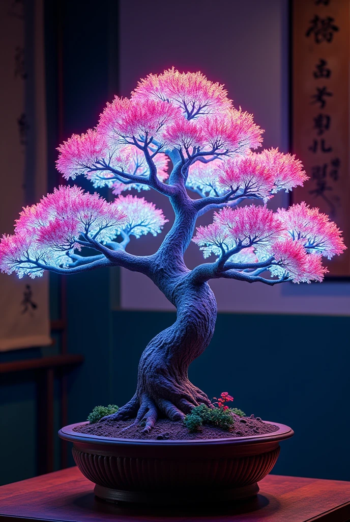 a detailed neon-lit japanese bonsai tree, made of fiber optic cables, intricate planter, delicate glowing branches, twisted gnarled trunk, displayed in a dark traditional japanese room, hanging japanese scroll painting on the wall