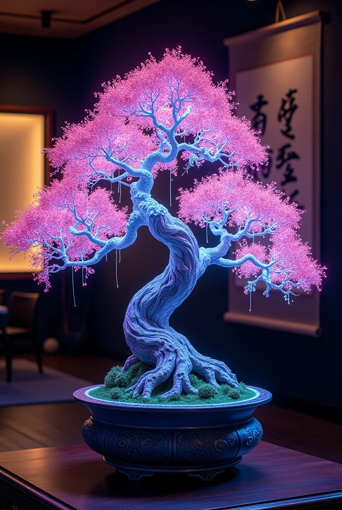 a detailed neon-lit japanese bonsai tree, made of fiber optic cables, intricate planter, delicate glowing branches, twisted gnarled trunk, displayed in a dark traditional japanese room, hanging japanese scroll painting on the wall