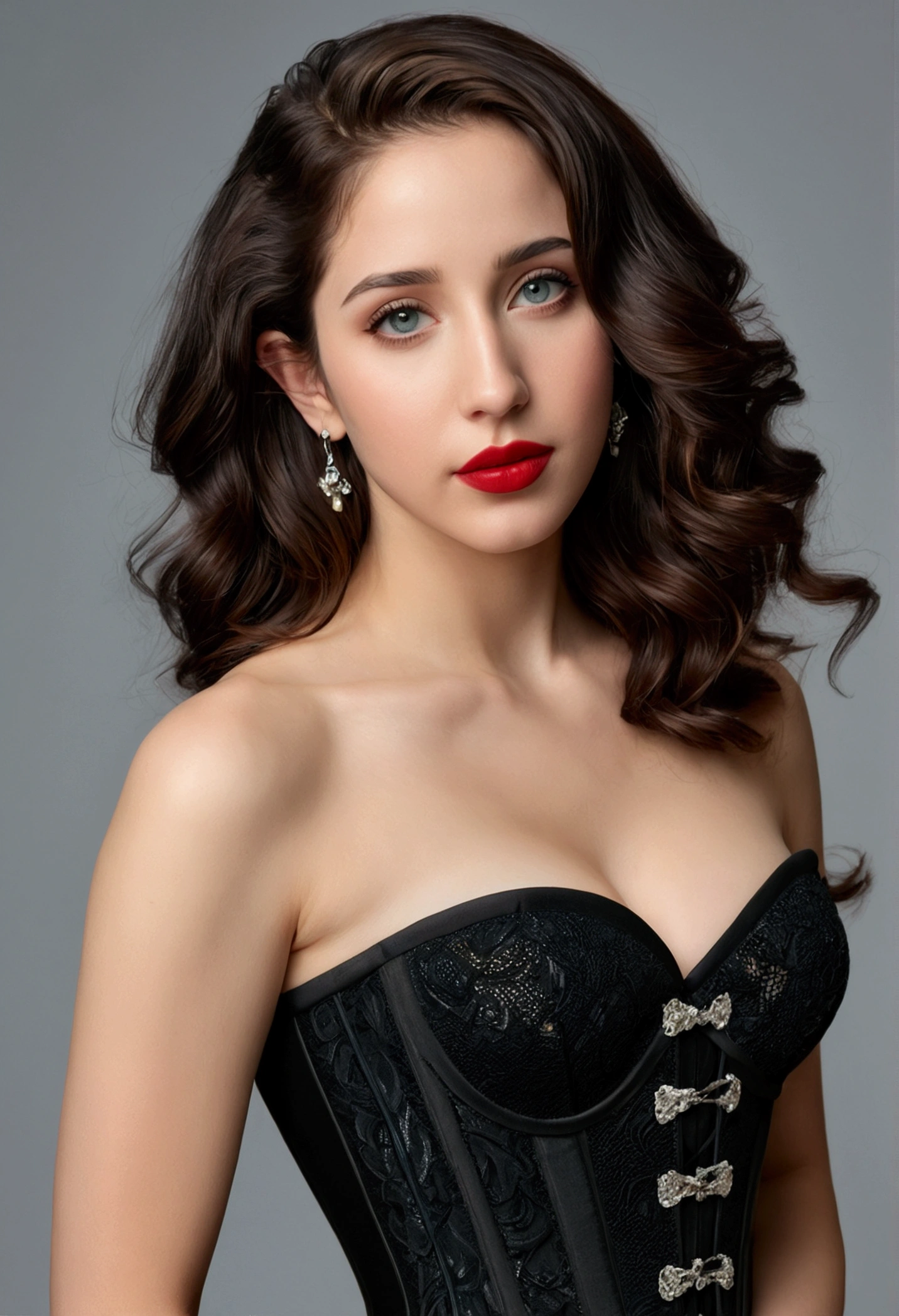 (best quality,4k,8k,highres,masterpiece:1.2),ultra-detailed,(realistic,photorealistic,photo-realistic:1.37), Emily Rudd, beautiful eyes,beautiful lips,detailed face,red lipstick,gorgeous woman, sexy black dress, sexy elegant fashion model, sexy elegant look,long eyelashes,confident expression,flawless skin,posing gracefully sexy,head to stomach shot, black mesh strapless corset, sexy naked medium Breasts,flowing fabric,soft and silky material,graceful movement,vibrant colors,artistic lighting,studio photo shoot, dreamy atmosphere