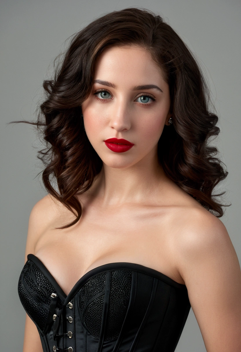 (best quality,4k,8k,highres,masterpiece:1.2),ultra-detailed,(realistic,photorealistic,photo-realistic:1.37), Emily Rudd, beautiful eyes,beautiful lips,detailed face,red lipstick,gorgeous woman, sexy black dress, sexy elegant fashion model, sexy elegant look,long eyelashes,confident expression,flawless skin,posing gracefully sexy,head to stomach shot, black mesh strapless corset, sexy naked medium Breasts,flowing fabric,soft and silky material,graceful movement,vibrant colors,artistic lighting,studio photo shoot, dreamy atmosphere