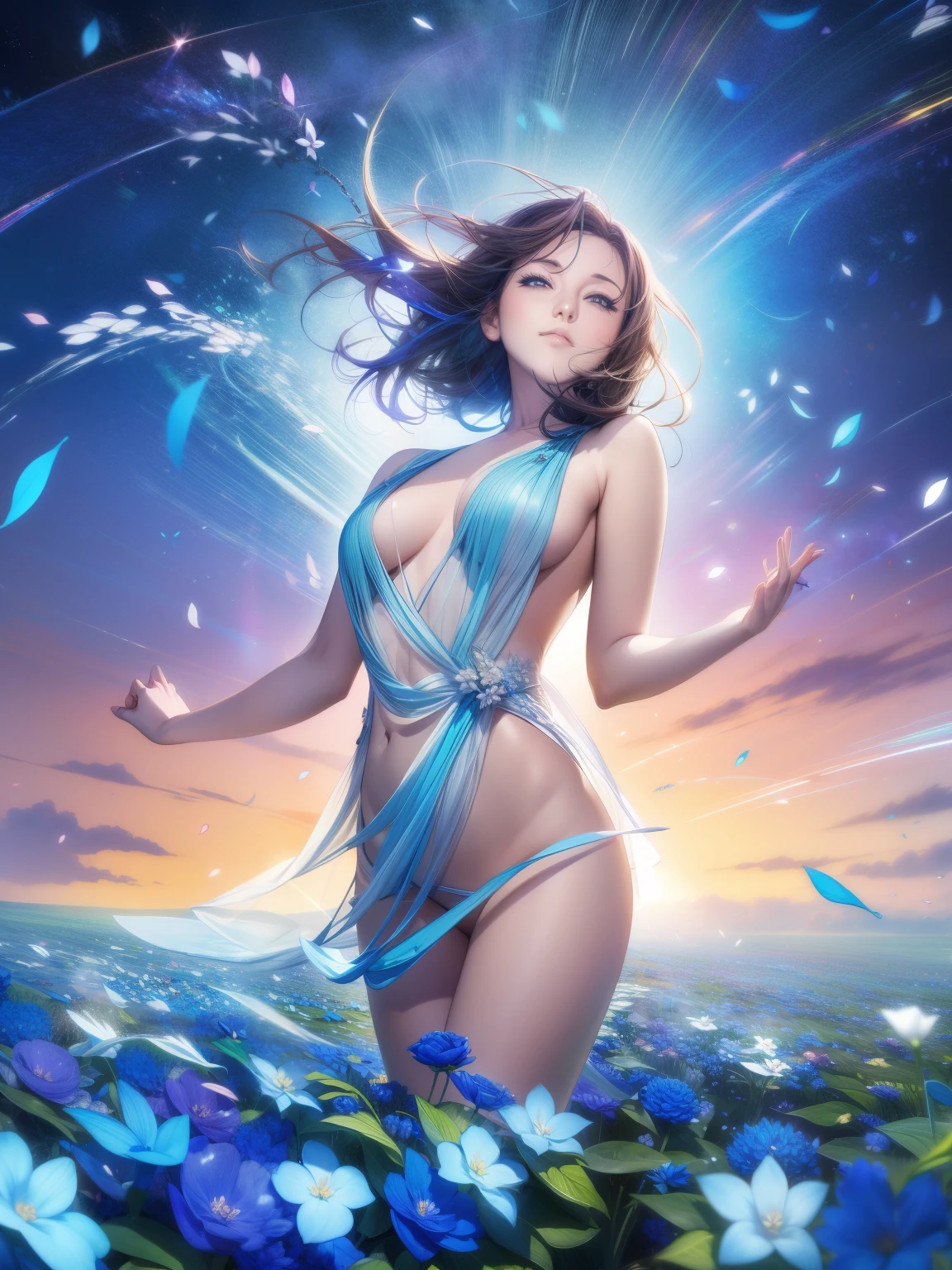 a masterpiece, (best quality,8k,extremely detailed cg unity wallpaper),(highest quality),(highest quality illustration),(highest quality shadows) natural, blue ocean, delicate leaves, multicolored flower petals floating in the air with light trails, hyper detailed