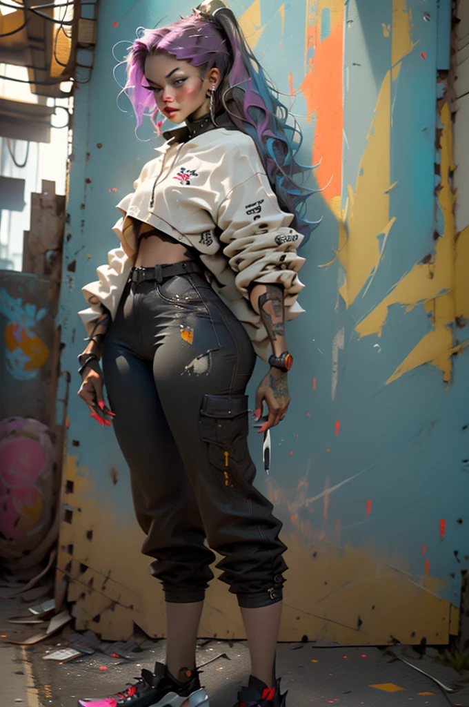 A stunning cyberpunk girl with bright purple hair, wearing a spray paint-splattered outfit, stands before a massive mural. Glowing tattoos shimmer under neon lights as she paints intricate designs, surrounded by colorful street art and graffiti.