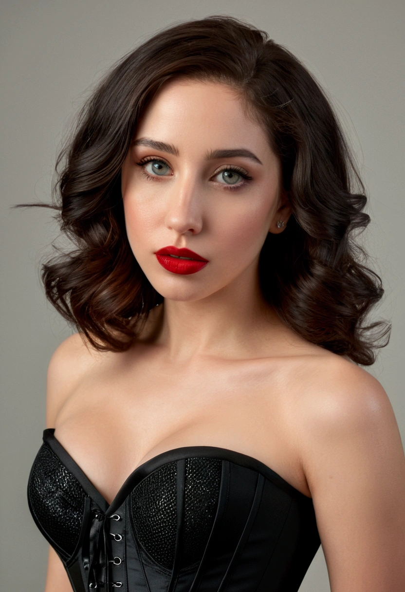 (best quality,4k,8k,highres,masterpiece:1.2),ultra-detailed,(realistic,photorealistic,photo-realistic:1.37), Emily Rudd, beautiful eyes,beautiful lips,detailed face,red lipstick,gorgeous woman, sexy black dress, sexy elegant fashion model, sexy elegant look,long eyelashes,confident expression,flawless skin,posing gracefully sexy,head to stomach shot, black mesh strapless corset, sexy naked medium Breasts,flowing fabric,soft and silky material,graceful movement,vibrant colors,artistic lighting,studio photo shoot, dreamy atmosphere