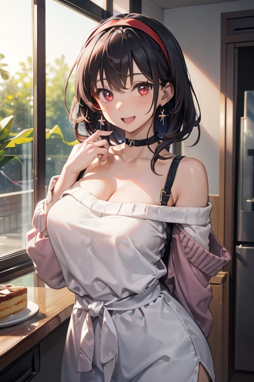 masterpiece, 1girl, Amazing Cleavage:1.3, thin waist, big ass, Raised sexy, medium breast:1.3,posed cleavage:1.2,solo, looking at viewer, open mouth, have a cup of coffee,black hair, red eyes, dress, bare shoulders, jewelry, collarbone, sidelocks, hairband, earrings, indoors, off shoulder, :o, sweater, arms behind back, plant, short hair with long locks, white hairband, off-shoulder dress, sweater dress, off-shoulder sweater, red sweater, big side hair, very long side hair,is rendered in (masterpiece: 1.2, best quality), with (ultra high resolution) and an exquisite (depth of field). This masterpiece is not only visually stunning but also tells, make of cooking some cakes ,in the kitchen,smile,seductive weak smiling,(with sparkling eyes and a contagious smile),open mouth, Looking at Viewer,