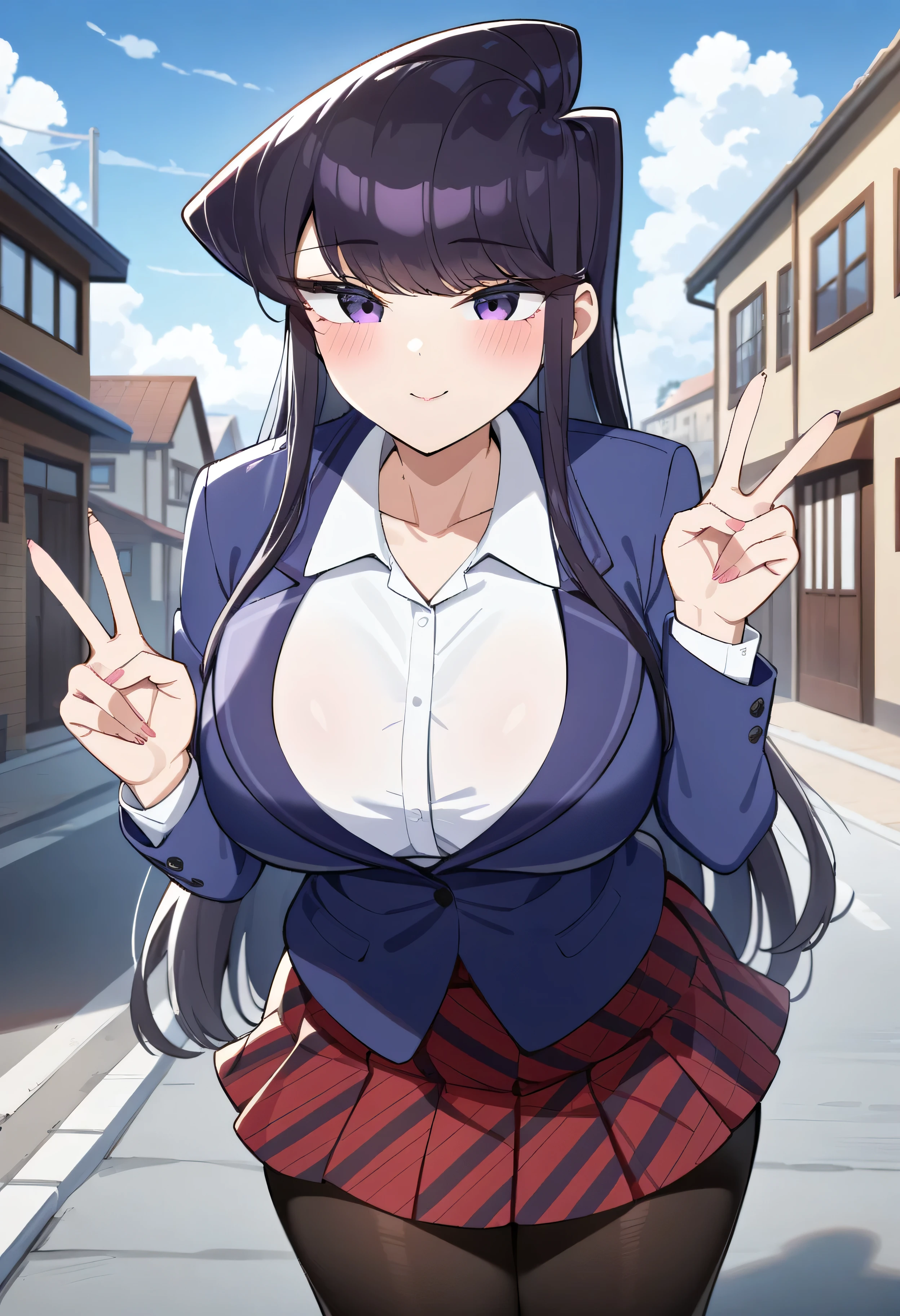 (anime art style:1.0), 2d, masterpiece, best quality, very aesthetic, absurdres, dynamic shadows, atmosferic, komi_shouko, 1girl, solo, black hair, (long hair), bangs, narrow eyes, purple eyes, big breasts, (curvy body), makeup, blush, (school uniform:1.0), blue jacket, white shirt, plaid skirt, red skirt, miniskirt, pantyhose, black pantyhose, collarbone, smile, close mouth, cowboy shot, from front, (v), standing, (looking at viewer:1.0), winter, clouds, sky, street, houses