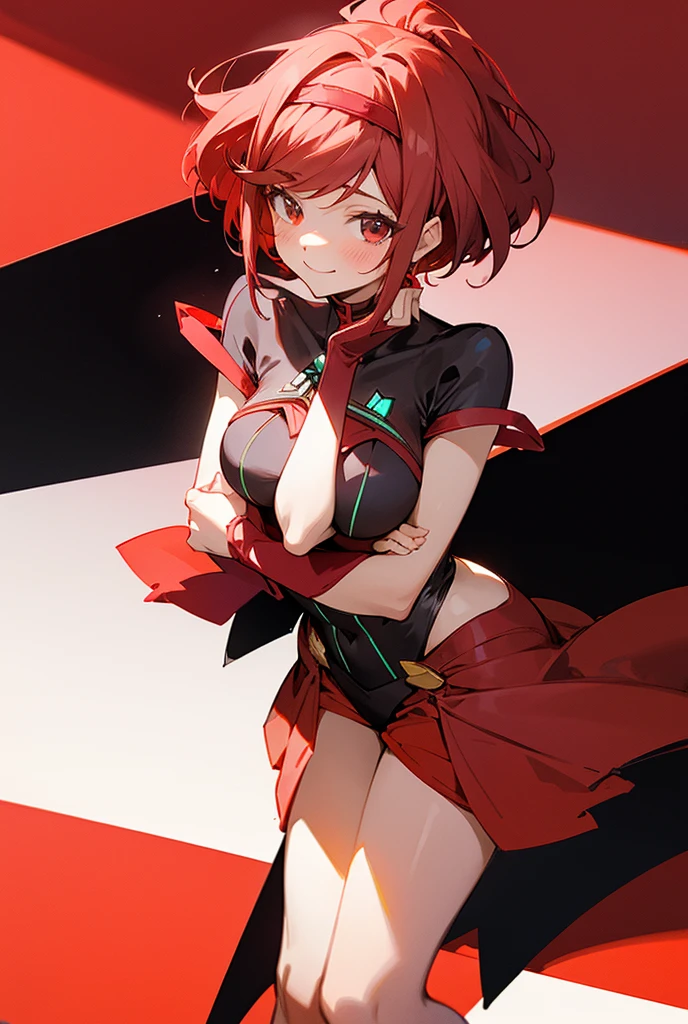 Pyra Homura, short reddish hair with ponytail, red dress with black lines, red headband, high-heeled slippers, one-room setting, friendly smile, slight blush, loving and cute attitude, cute and beautiful woman, 