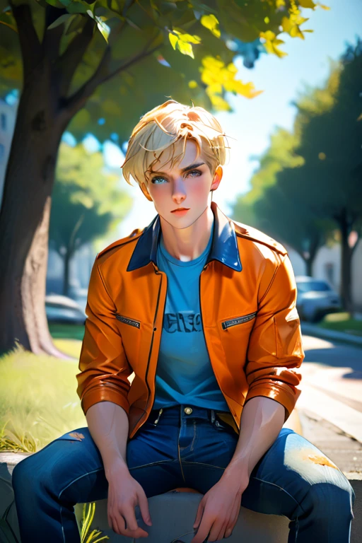 1 college man; age 28; attractive; masculine adult; toned and muscular, athletic; cropped neat short blonde hair in a crew-cut; serious blue eyes with black pupils; square-faced; fair skin; smug; rugged good looks; strong square wide jaw; broad-chin; wearing a tie-dyed t-shirt, orange leather jacket and undamaged blue jeans; trending on artstation; masterpiece; complex volumetric lighting; strong shadows; artistic lighting; dynamic; energetic vibe; realistic skin; specular highlights; micro-textures; highly detailed hair; physically active; sitting under a tree with a textbook; very masculine; body hair;