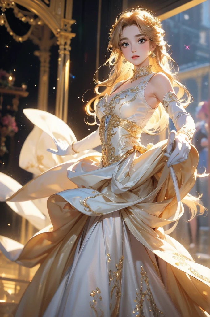 A beautiful princess, golden hair and beautiful brown eyes, with gorgeous delicate jewelry, wearing a form-fitting princess dress, wearing white gloves, posture is she spread her hands in an embrace.elegant outstretched a hand.Background is the Red Carpet dance .Anime style, (Best Quality), (masterpiece), (detailed), detailed backgroung, palace, , light, gorgeous