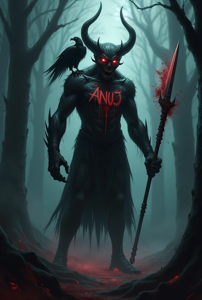 Dark fantasy hybrid hero demon and human riding a black horse from hell eye red like sage, at a dark forest full of predators, put a gore text "MERCYFULL FATE" At the back