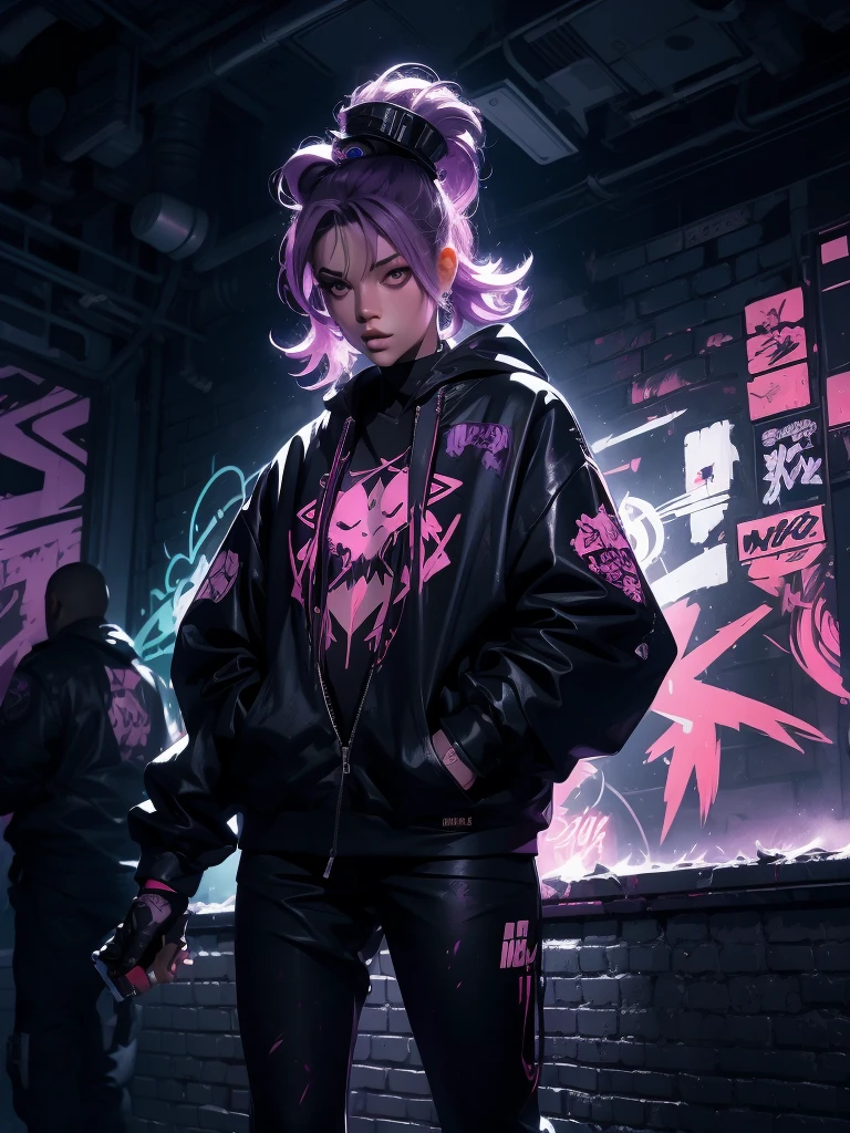 A stunning cyberpunk girl with cascading strands of bright purple hair, adorned with luminescent hairclips, stands boldly in front of a massive mural that pulses with animated graffiti. Wearing a fitted, spray paint-splattered jumpsuit and fingerless gloves, her glowing tattoos flicker like neon signs under the night sky. The air is thick with paint fumes, and a boombox plays energetic beats, creating an atmosphere of rebellious creativity as she deftly applies the final touches to her masterpiece.