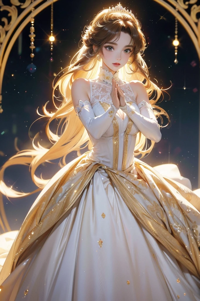 A beautiful princess, golden hair and beautiful brown eyes, with gorgeous delicate jewelry, wearing a form-fitting princess dress, wearing white gloves, posture is she spread her hands in an embrace.elegant outstretched a hand.Background is the Red Carpet dance .Anime style, (Best Quality), (masterpiece), (detailed), detailed backgroung, palace, , light, gorgeous