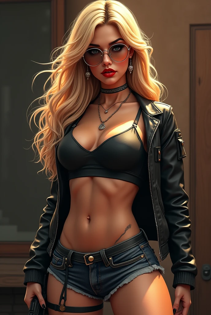 Best quality,masterpiece,ultra high res,(photorealistic:1.4),raw photo,(1girl,curvy,red gradient hair,blonde hair,blue eyes,detailed eyes and face,black business suit,dynamic lighting,in the dark,deep shadow,low key,cowboy shot full-lenght body,)