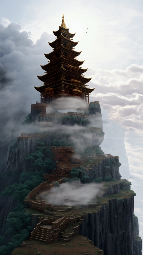 A temple built on top of a steep cliff shrouded in mist. High resolution., masterpiece, Best Quality, High detail, High-resolution model, Very detailed, Ultra high definition, 