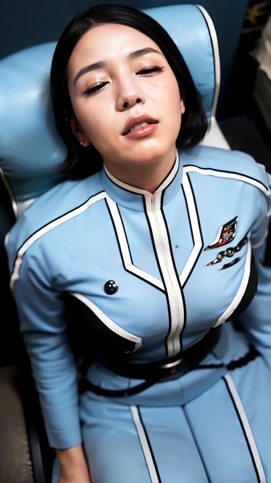 (Best Quality, 8k, 32K, masterpiece, Ultra-high resolution:1.2),Beautiful Japanese Women Photos, 40 years old、Slim figure、(From above)、(Big Breasts:1.4)、(Straight black hair), (One Japanese woman、A man is being hypnotized in an interrogation room、Sitting in a chair、Closed eyes、look up), (((Ultra Guard uniform)))
