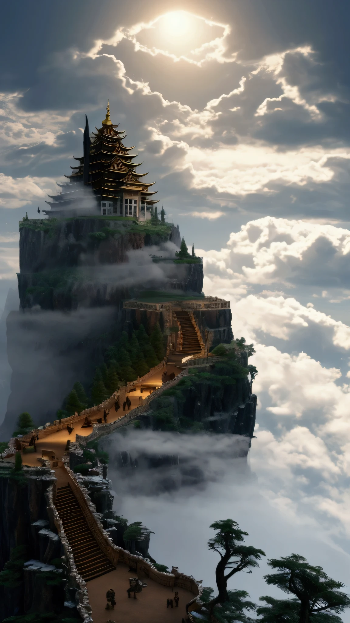 A temple built on top of a steep cliff shrouded in mist. High resolution., masterpiece, Best Quality, High detail, High-resolution model, Very detailed, Ultra high definition, 