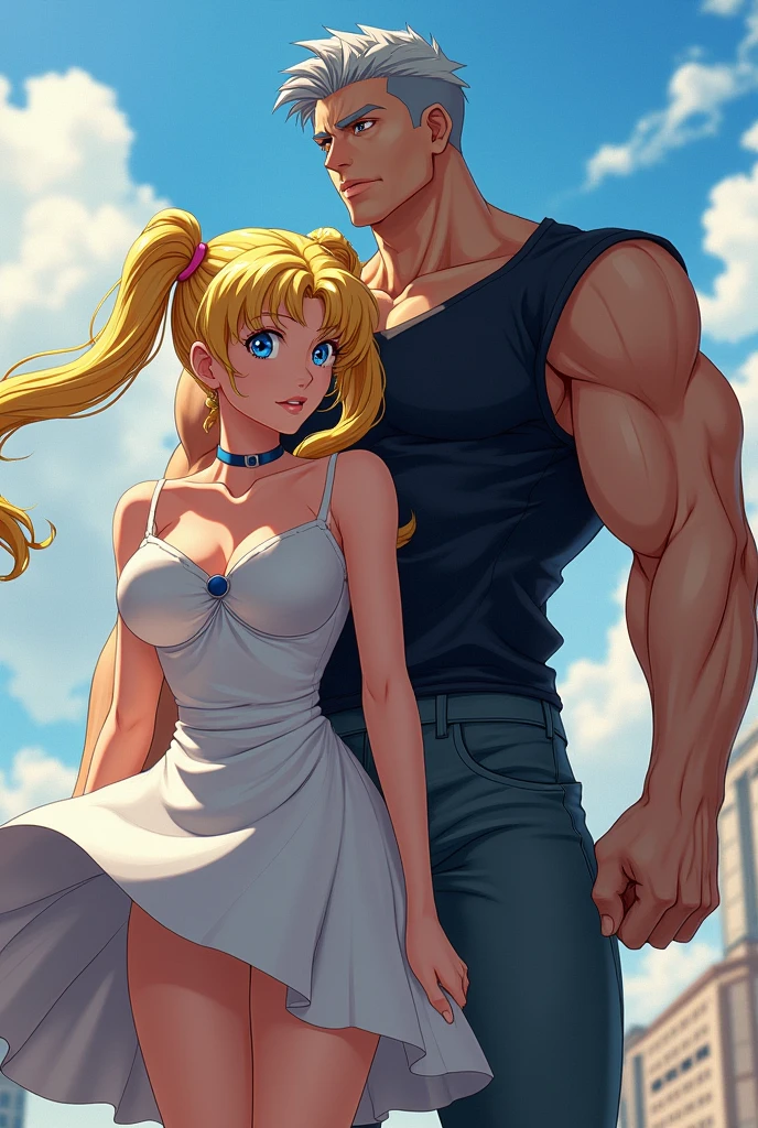 Tall and extremely muscular young man, short gray hair wearing a bad boy style outfit, with her girlfriend 1 blonde woman with blue eyes who is wearing a regular dress with a full skirt with her hair in 2 round rolls of medium size on top of her head made with her own hair with it falling like 2 extremely and immensely long and thin ponytails just behind styled like the hair of the anime character Sailor Moon, With big breasts, big buttocks. anime style. anime.