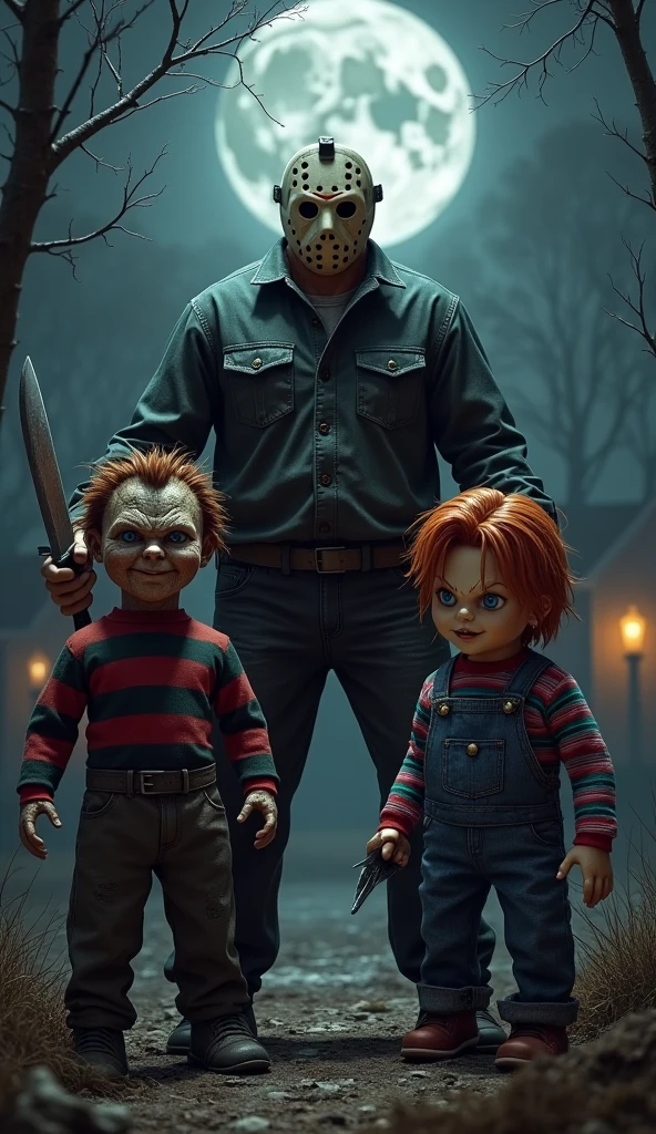 Jason Voorhees, Freddy Krueger and Chucky all pose together in Friday the 13th.