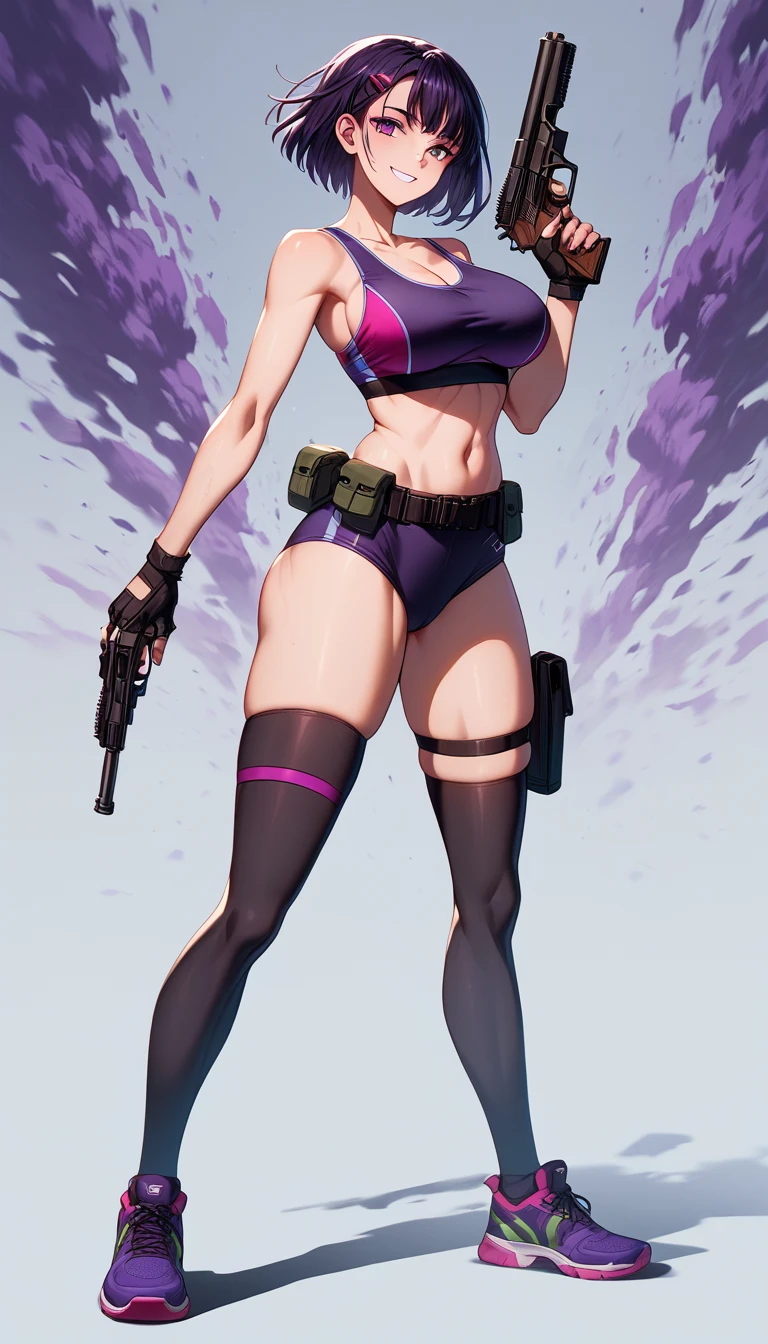 ultra-detailed, 1girl, Shizuka, Zombie 100, ((masterpiece)), (best quality), (highres), 16K, purple eyes, perfect face, short hair, purple hair, bangs, hairclip, wearing sports bra, wearing black panties, fingerless gloves, tactical belt, gun holster, black thighhighs, sports bra, busty body, large breasts and a beautiful ass, showcasing cleavage, legs, hips, gun, holding gun, looking at viewer, smile, detailed full body, apocalypse background