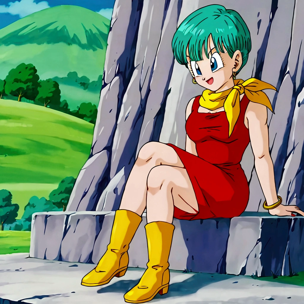 Bulma, aqua colored hair, blue eyes, yellow scarf wrapped around her neck, red dress, yellow boots, trailers,   Sitting looking at the landscape, smiling. 