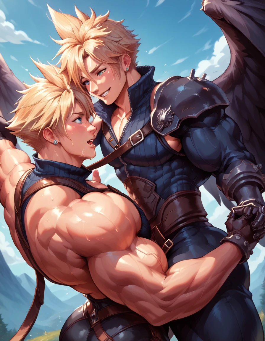 (masterpiece, Best Quality:1.2), smile, View your viewers, ((((Huge muscles､Huge erect penis)))),Tight suit,Face enduring pain,Tears,Lots of drool, sweat and ,Shake hard,Anal Sex,Unfocused eyes,Harness,Imminent sexual activity,Big Wings,Blonde,armor,acCloud, blonde hair, single earring, high collar, black shirt, single shoulder pad, harness, single sleeve, black gloves, black pants,Carrying a sword,doggy style sex,Spread your arms wide and let out a roar,Zack