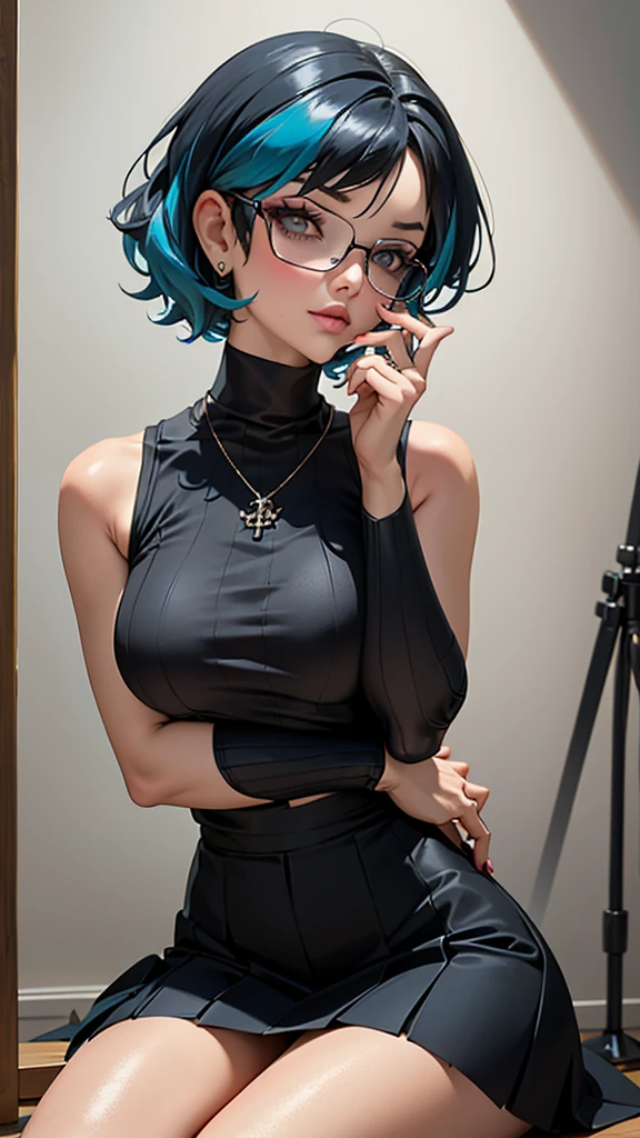 Picture a stunning goth girl sitting in a dimly lit art studio, surrounded by canvases. She wears a black turtleneck sweater and a long flowing skirt, with a paint splatter of vibrant colors across her attire. Her short pixie haircut frames her face, and her thoughtful expression reveals her deep passion for creativity and expression.