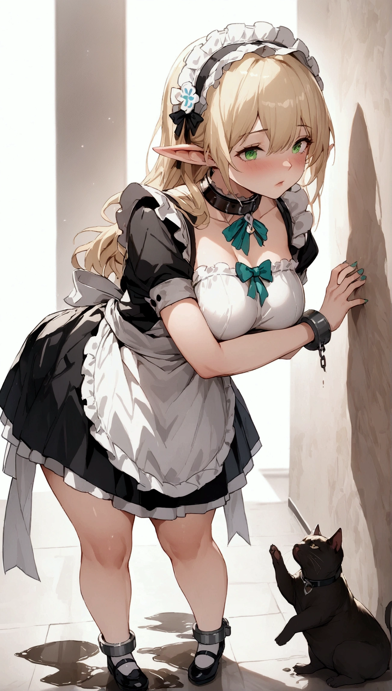 (Masterpiece. The best quality. 8K. Sharp focus. Depth of field, The best shadows. Perfect lighting. HDR. Realistic skin texture. Ultra-detailed background. Details). Anime style. Honkai: Star Rail. 1 girl. March 7. Elf. Maid. Slave. BBW. Blonde. Long hair. Ultra-detailed hair. Pointed ears. Emerald green eyes. Beautiful eyes. Beautiful eyes. Expressive eyes. Ultra-detailed eyes. Perfect face. Beautiful face. Beautiful nose. Thin lips. Ultra-detailed face. Fat body. Folds of fat. Fat belly. Overweight. B-cup breasts. Thick arms. Thick thighs. Fat butt. Thick legs. Ultra-detailed body. Slave collar. Shackles. Maid uniform. Bonnet on head.  She's feeling sick. She's vomiting. She's throwing up. She's covering her mouth with her hand. She's throwing up, leaning over the living room floor and holding onto the wall with her hand. She's throwing up, leaning over the living room floor and holding onto the wall with her hand. She's throwing up on the floor. She's throwing up on the floor. She's throwing up on the floor. The real stuff is pouring out of the girl's mouth in a solid stream. A puddle of mom's vomit on the floor in front of the girl. No background. White background. No wallpaper. White wallpaper. Standing at full height. Standing at full height. Full body.