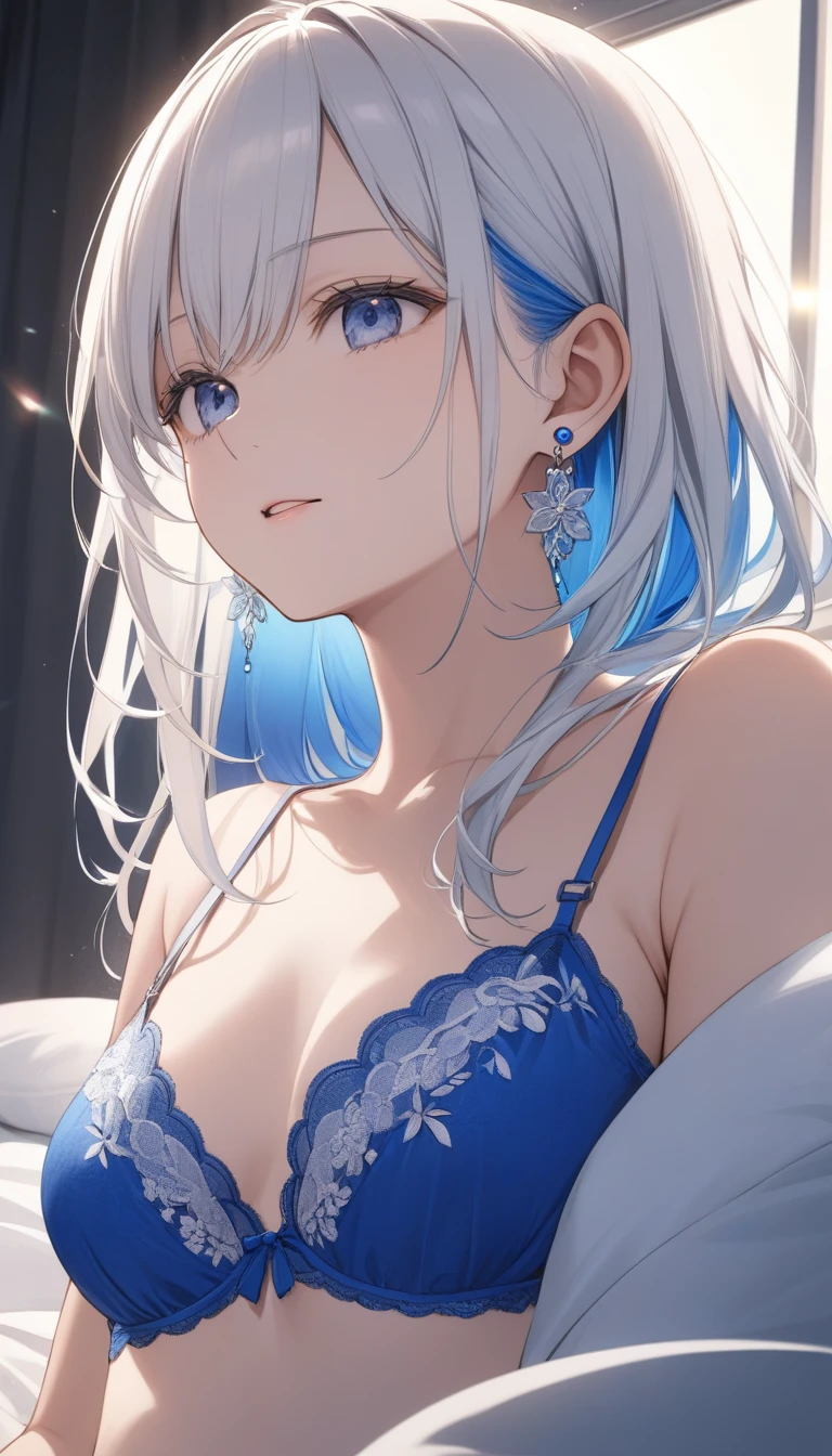 One,Cute  girl,((Simple earrings))、((White hair color、Bright cobalt blue inner color hairstyle、Straight hair type), （Her light blue bra and panties with delicate embroidery are unbuttoned.)、Beautiful Hair, Facial Contour, Remember、illumination、Splash, Lens Flare,Natural Color, High resolution, Very delicate, Very detailed, 8k,Shyness,((Sexual))、There is only a slight swelling of the breasts、Hotel、Lying in bed、Active facial expressions、View angle from below