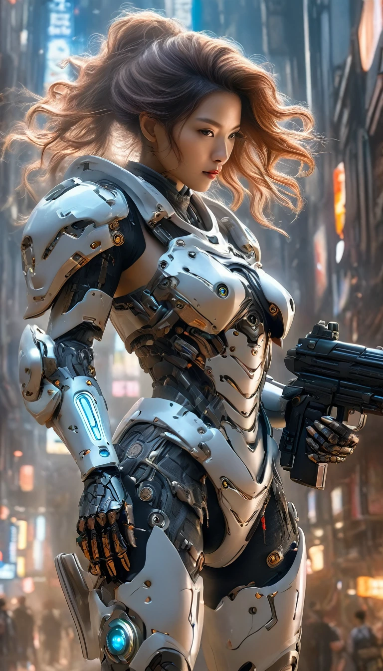 (Best Quality, 4K, 8k, High resolution, masterpiece: 1.2), (Very detailed, Realistic, Realistic:1.37), Futuristic衣装を着た女性, A woman wearing exoskeleton cyber armor, The armor fits snugly、((She has a plasma gun in her hand)), Full body photo, Maximum details, She&#39;s a cyber girl with a laser rifle,Superior quality through precise drawings, 8k,chest, blue eyes, High resolution, 超High resolution, Best Quality, Shortcuts, Big chest, Cinematic Lighting Effects, Futuristic, blonde, 美しいBlack Hairの女性, blue eyes, Cyberpunk style woman, ((Inside a high-tech spaceship)), High-quality images、Black Hair, Shortcuts,