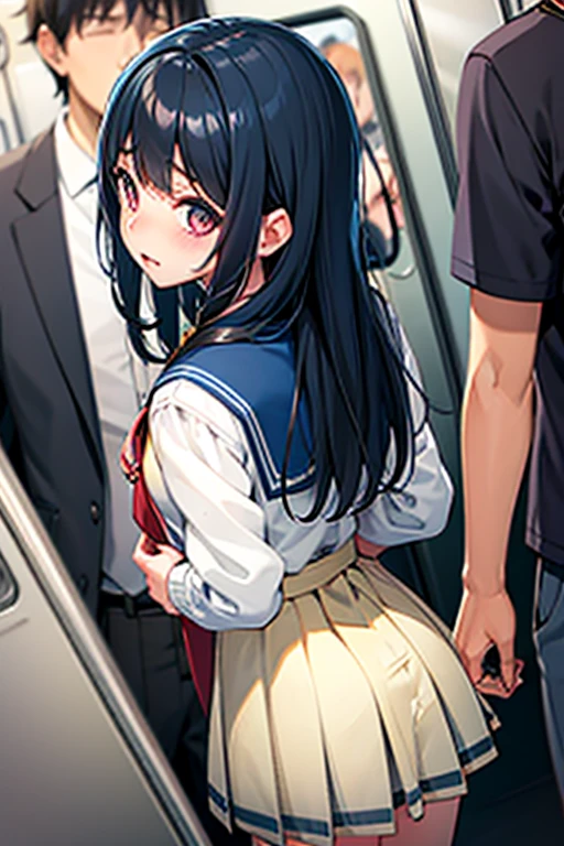 A naked middle-aged man is touching the crotch of a crying girl with black bob hair, pure and innocent, with erect nipples, pale pubic hair, a floral bra, floral panties and a checked skirt, who is shy and scared and resists, standing on a train.、whole body
